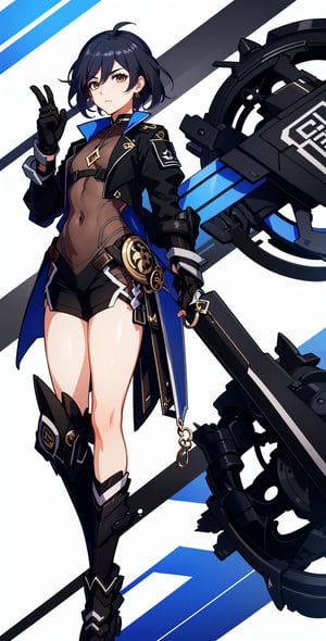  muscular mechanical body, ((brown eyes, black-hair)), black leather coat, holding chinese blade and Shield ,fu hua,full_body