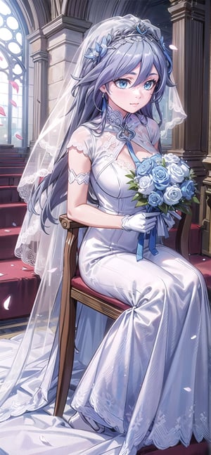 (1 beautiful woman, ornamented long blue hair,expensive detailed white wedding dress design by Clare Waight Keller, white bride veil, long white gloves, large breasts), walking to the altar, holding a bouquet, church location, wedding, celebration time, petals falling down, people sitting down background, priest in front of the spouse, close-up ,perfecteyes,fu hua