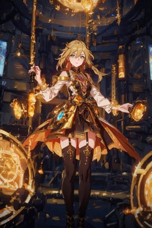 time traveler, cute girl, masterpiece, best quality, movie still, extremely detailed, area lighting in background, HD, 8k, 1girl, warm soft lighting, (sparks:1.1), light particles, volumetric lighting, ((gold dress, levitating, amber eyes, glowing energy)), blonde, longhair, action pose, belts, stockings, (clock), steampunk, (bright highlights, glare, glow amber gems, reflection), gears, binoculars, ,Science Fiction,fu hua