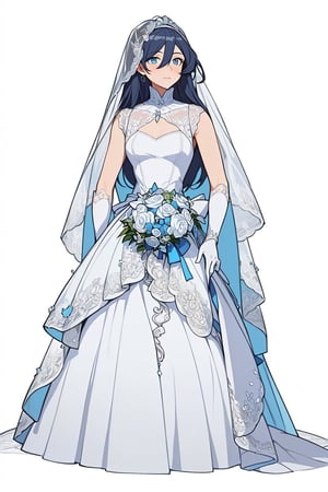 (masterpiece:1.3),(the best quality:1.2),(super fine illustrations:1.2),(Masterpiece),high quality,high detail,(white background:1.2),looking at viewer,(SOLO:1.4),outline,simple background, (ornamented long blue hair,expensive detailed white wedding dress design by Clare Waight Keller, white bride veil, long white gloves), walking to the altar, holding a bouquet , fu hua