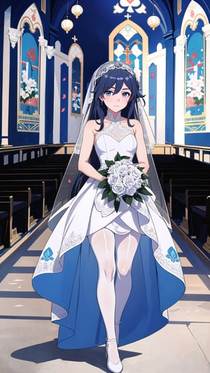 (1 beautiful woman, ornamented long hair,expensive detailed white wedding dress design by Clare Waight Keller, white bride veil, long white gloves),(full body) walking to the altar, holding a bouquet, church location, wedding, celebration time, petals falling down,Anime,fu hua