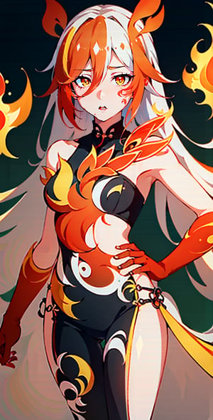 fu hua\bengluofu hua\bengluowhite_hair, orange_eyes, streaked_hair, fu hua, orange_hair, red_hair, fire, fiery_hair, hair_between_eyes, multicolored_hair, fu hua\bengluo, fiery_wings