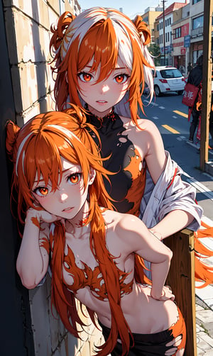 (masterpiece, 4k), 1girl, torn clothes, homeless,fu hua\bengluo, white_hair, orange_eyes, streaked_hair, fu hua, orange_hair, red_hair, fire, fiery_hair, hair_between_eyes, multicolored_hair, fu hua\bengluo, fiery_wings,fire,, filthy body, dirty clothes, abrasions and bruises, skinny, beautiful, detailed, sits leaning against the wall, street outdoors, view from above,fu hua\bengluo