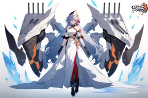 [[fu hua (phoenix)(honkai impact 3rd)]], nai3, 1girl, solo, artstyle,
1girl, solo, long hair, breasts, looking at viewer, blue eyes, large breasts, gloves, dress, bare shoulders, very long hair, full body, white hair, boots, detached sleeves, black gloves, black footwear, white dress, coat, copyright name, white headwear, ice, turret, long dress, rigging