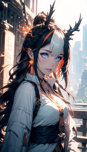 ((Masterpiece, best quality, ultra-detailed, best shadow, Unreal Engine 5)), (detailed background), (pretty face), one female vampire,  vampire bats backdround,midjourney,fu hua,fu hua\bengluo,white_hair, orange_eyes, streaked_hair, fu hua, orange_hair, fire, fiery_hair, hair_between_eyes, multicolored_hair, fu hua\bengluo, fiery_wings,fuhua/heiyu,ak_ling