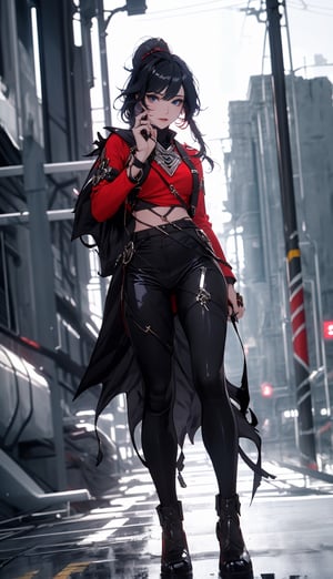 ((Masterpiece,  best quality,  ultra-detailed,  best shadow,  Unreal Engine 5)),  (detailed background),  (pretty face),  one female vampire,  long hair with bangs,  perfect figure,  ((red-colored apparel,  often in the form of long,  two-tailed coats)),  black spandex pants,  vampire bats backdround, midjourney, fu hua, , , 
,fuhua/heiyu