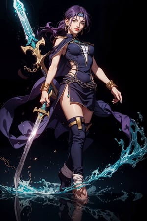 parametersmasterpiece,best quality,8k,simple details,1girl,(battle tendency:1.2),long hair,weapon,((purple hair)),solo,holding,sword,armor,holding weapon,looking at viewer,holding sword,shoulder armor,gloves,jewelry,chain,dress,full body,bangs,red lips,floating hair,earrings,pauldrons,cape,lips,standing,black dress,very long hair,yellow eyes,Taoist robes,girl,water,fu hua, , , 
