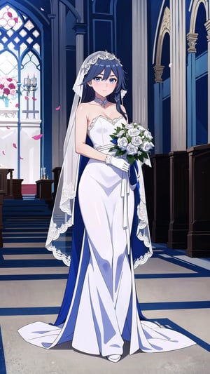 (1 beautiful woman, ornamented long hair,expensive detailed white wedding dress design by Clare Waight Keller, white bride veil, long white gloves),(full body) walking to the altar, holding a bouquet, church location, wedding, celebration time, petals falling down,Anime,fu hua