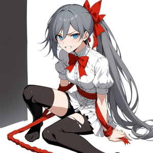 [[fu hua(honkai impact 3rd)]], nai3, 1girl, solo, artstyle,best quality,amazing quality,very aesthetic,absurdres,traditional media,female focus, 
1girl, solo, long hair,  looking at viewer,angry, skirt, simple background, shirt, thighhighs, white background, bow, ribbon, sitting, blue eyes, hair ribbon, short sleeves, hair bow, frills, grey hair, puffy sleeves, black thighhighs, red ribbon, puffy short sleeves, torn clothes, wariza, arms behind back, bound, bdsm, bondage, bound arms, front ponytail,teeth,base leg,crying_with_eyes_open, messy hair