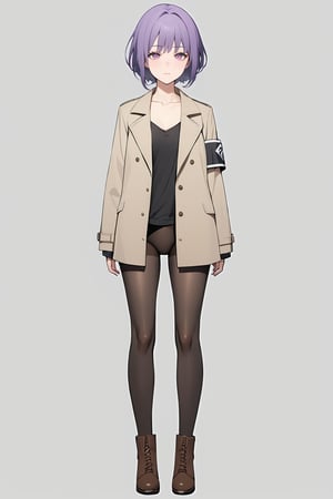 masterpiece, best quality, absurdres, very authentic, 1girl, solo, YuutenjiNyamu, 
1girl, solo, looking at viewer, short hair,  simple background,long sleeves, 1boy, white background, closed mouth,, standing, collarbone, jacket, full body, female focus, pantyhose, boots, coat, black pantyhose, bandages, brown footwear, armband
