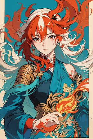 masterpiece, best quality, ultra high res, beautiful, elegant, graceful, award-winning art, 1girl, (style of Yuko Shimizu:1.4), (abstract art:1.2), style of rebecca guay, fu hua\bengluo, white_hair, orange_eyes, streaked_hair, fu hua, orange_hair, red_hair, fire, fiery_hair, hair_between_eyes, multicolored_hair, fu hua\bengluo, fiery_wings,fire, cloaked in flames, dark theme, visually stunning, gorgeous,cloud, fu hua\bengluo, ,fu hua\bengluo