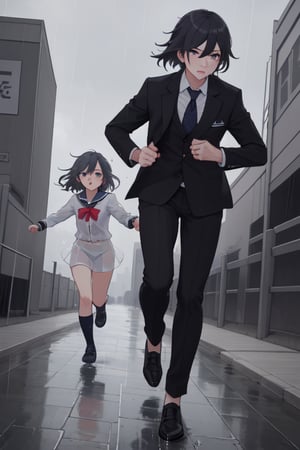 ((masterpiece,best quality, detailed)), ultra-detailed, detailed hair, hard rim lighting,((dramatic lighting)),sharp focus,full body,father,2_girls,,girl in school uniform, another in business_suit,running,see-through, rain,wet, shoes, wet clothes, black hair, sky,fu hua