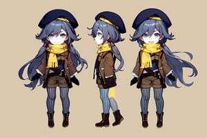 [[fu hua (phoenix)(honkai impact 3rd)]],nai3,1girl,solo,blue eyes {artist:ask(askzy)}, (Multiple views) hair between eyes,bangs,hat,long sleeves,blue eyes,solo,1girl,long hair,smile,gloves,fu hua,grey hair,(yellow sweater),green legwear,green vertical-striped legwear,vertical-striped legwear,pantyhose,belt,cross-laced footwear,brown jacket,beret,brown shorts,yellow scarf,