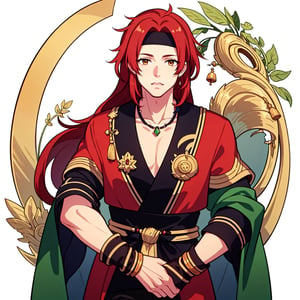 (masterpiece:1.3),(the best quality:1.2),(super fine illustrations:1.2),(Masterpiece),high quality,high detail,(white background:1.2),looking at viewer,(SOLO:1.4),outline,simple background,jewelry, 1boy, red hair, long hair, necklace, armor, messy hair, chinese clothes, circlet, hair ornament, bangs, boots, weapon, headband, earrings, pants, red shirt,