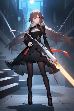 [[fu hua (phoenix)(honkai impact 3rd)]], nai3, 1girl, solo, artstyle,
1girl, solo, long hair, looking at viewer, bangs, brown hair, long sleeves, dress, holding, very long hair, standing, full body, weapon, pantyhose, blunt bangs, black footwear, holding weapon, black dress, gun, night, holding gun, stairs, aiming at viewer