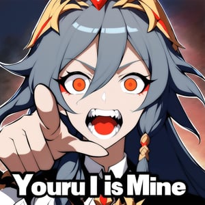 [[fu hua (phoenix)(honkai impact 3rd)]], nai3, 1girl, solo, artstyle,
looking at viewer,  open mouth,(( boring,teeth, pointing at viewer)),((meme,word,"your soul is mine")))