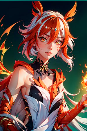 fu hua\bengluofu hua\bengluo,white_hair, orange_eyes, streaked_hair, fu hua, orange_hair, red_hair, fire, fiery_hair, hair_between_eyes, multicolored_hair, fu hua\bengluo, fiery_wings