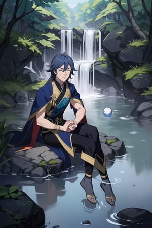2d, masterpiece, best quality, anime, highly detailed face, highly detailed background, perfect lighting, young boy, solo, Sitting on a stone, surrounded by water, in a lake, meditating, eyes closed, blue hair, meditation pose, (Ball-shaped floating water around:1.3), blue warrior clothes with black, background waterfall, nature, forest,fu hua