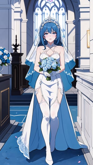 (1 beautiful woman, ornamented long blue hair,expensive detailed white wedding dress design by Clare Waight Keller, white bride veil, long white gloves),(full body) walking to the altar, holding a bouquet, church location, wedding, celebration time, petals falling down,Anime