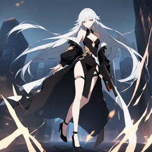 [[fu hua (phoenix)(honkai impact 3rd)]], nai3, 1girl, solo, artstyle,
1girl, solo, long hair, breasts, looking at viewer, smile, bangs,  dress, holding, cleavage, bare shoulders, very long hair, jacket, weapon, white hair, sidelocks, black footwear, holding weapon, black dress, high heels, official alternate costume, coat, gun, thigh strap, floating hair, holding gun, side slit, handgun, cityscape, skyscraper