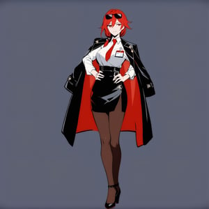 [[fu hua (phoenix)(honkai impact 3rd)]], nai3, 1girl, solo, artstyle,
1girl, solo, long hair, breasts, looking at viewer, bangs, skirt, large breasts, shirt, red eyes, standing, jacket, full body, white shirt, pantyhose, red hair, necktie, black skirt, black footwear, high heels, official alternate costume, coat, hand on hip, black pantyhose, sunglasses, eyewear on head, pencil skirt, high-waist skirt, black coat, jacket on shoulders, id card, coat on shoulders