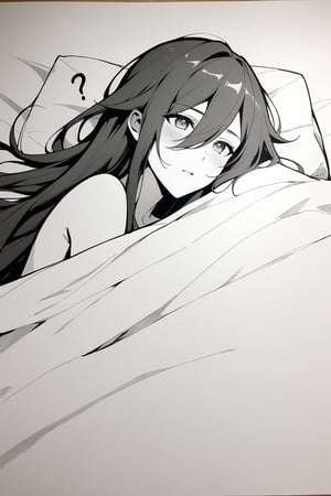 [[fu hua(honkai impact 3rd)]], nai3, 1girl, solo, artstyle,best quality,amazing quality,very aesthetic,absurdres,traditional media,female focus, 
long hair, multiple girls, white background, 2girls, monochrome, greyscale, lying, yuri, hair over one eye, bed, ?, blanket, under covers