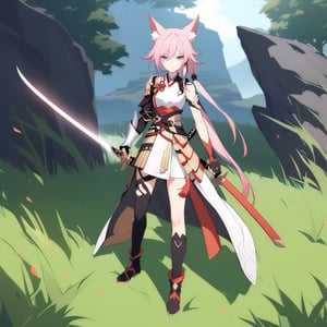 [[fu hua (phoenix)(honkai impact 3rd)]], nai3, 1girl, solo, artstyle,
1girl, solo, looking at viewer, bangs, hair ornament, gloves, holding, animal ears, hair between eyes, closed mouth, standing, purple eyes, full body, weapon, pink hair, boots, outdoors, japanese clothes, sword, fingerless gloves, black footwear, holding weapon, armor, fox ears, holding sword, katana, grass, gauntlets, sheath, japanese armor, gameplay mechanics, asymmetrical gloves, single gauntlet