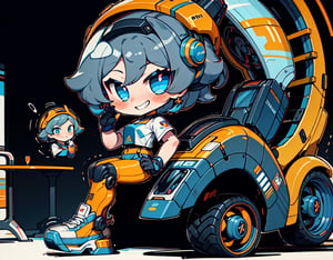 1 cute cyborg girl holding Huge futuristic Gun with right Hand , left hand on bike throttle riding on stopped super futuristic motorcycle , multicolored_hair Orange & Blond  , cute girl, proper pretty eyes, shy blush and cheeky grin , short Pixie hair , cyborg appendages in matching pairs , proper robot Sneakers , proper robot hands , Sci-fi, ultra high res, futuristic , {(little robot)}, {(solo)}, full body , {(complex, Machine background ,spaceship interior background, Mecha Transport parts)},LaraWaifu face ,chibi