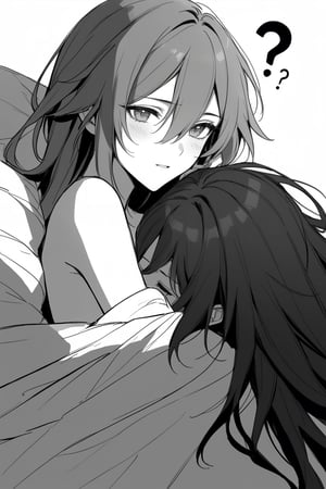 [[fu hua(honkai impact 3rd)]], nai3, 1girl, solo, artstyle,best quality,amazing quality,very aesthetic,absurdres,traditional media,female focus, 
long hair, multiple girls, white background, 2girls, monochrome, greyscale, lying, yuri, hair over one eye, bed, ?, blanket, under covers