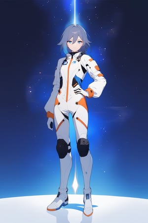 [[fu hua (phoenix)(honkai impact 3rd)]], nai3, 1girl, solo, artstyle,
1girl, solo, looking at viewer, bangs, blue eyes, simple background, gloves, long sleeves, white background, hair between eyes, closed mouth, blue hair, standing, full body, white gloves, medium hair, hand on hip, white footwear, space, knee pads, spacesuit, astronaut,
