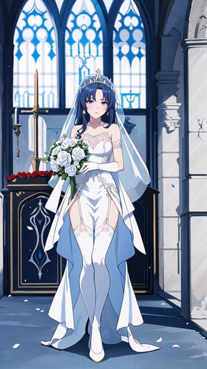 (1 beautiful woman, ornamented long blue hair,expensive detailed white wedding dress design by Clare Waight Keller, white bride veil, long white gloves),(full body) walking to the altar, holding a bouquet, church location, wedding, celebration time, petals falling down,Anime