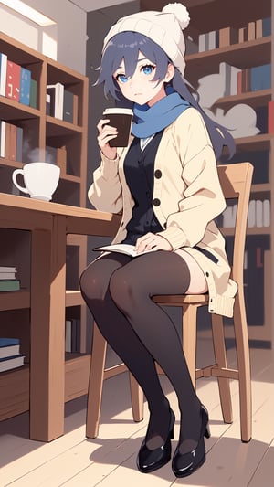  (full body:1.2), hair between eyes, blue eyes, low-tied long hair, fu hua,thin,very long hair,brown hair,light brown eyes,(detailed eyes),small breasts,(coffee_knitted cardigan jacket),black high neck bottom shirt,white _sailor suit,((Black stockings)),head_dress,scarf,beanie,closed mouth,(seriously),sitting,reading,((holding a book)),winter, (library),((a cup of coffee)),snow, masterpiece, best quality, official art, extremely detailed CG unity 8k wallpaper, cozy anime, backlight, (wide shot:0.95), Dynamic angle, fanxing, (full body), cozy anime,