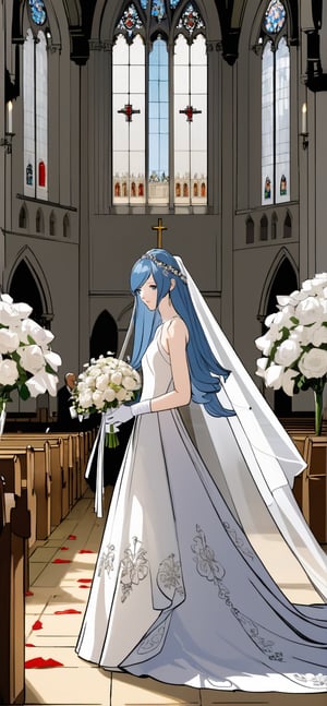 (1 beautiful woman, ornamented long blue hair,expensive detailed white wedding dress design by Clare Waight Keller, white bride veil, long white gloves), walking to the altar, holding a bouquet, church location, wedding, celebration time, petals falling down, people sitting down background, priest in front of the spouse, close-up ,perfecteyes,(((fu hua)))