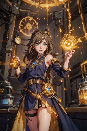 time traveler, cute girl, masterpiece, best quality, movie still, extremely detailed, area lighting in background, HD, 8k, 1girl, warm soft lighting, (sparks:1.1), light particles, volumetric lighting, ((gold dress, levitating, amber eyes, glowing energy)), blonde, longhair, action pose, belts, stockings, (clock), steampunk, (bright highlights, glare, glow amber gems, reflection), gears, binoculars, ,Science Fiction,fu hua