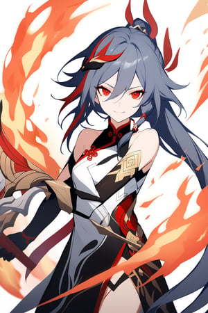 [[fu hua (phoenix)(honkai impact 3rd)]], nai3, 1girl, solo, artstyle,
1girl, solo, long hair, looking at viewer, smile, bangs, black hair, hair ornament, red eyes, gloves, holding, hair between eyes, bare shoulders, closed mouth, ponytail, weapon, white hair, red hair, multicolored hair, holding weapon, streaked hair, chinese clothes, fire, fu hua