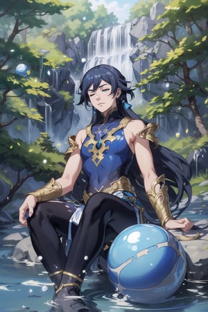 2d, masterpiece, best quality, anime, highly detailed face, highly detailed background, perfect lighting, solo, Sitting on a stone, surrounded by water, in a lake, meditating, eyes closed, blue hair, meditation pose, (Ball-shaped floating water around:1.3), blue warrior clothes with black, background waterfall, nature, forest,fu hua