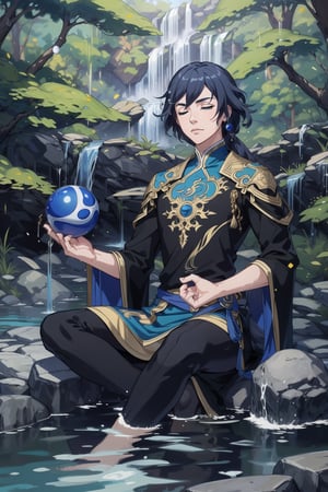 2d, masterpiece, best quality, anime, highly detailed face, highly detailed background, perfect lighting, solo, Sitting on a stone, surrounded by water, in a lake, meditating, eyes closed, blue hair, meditation pose, (Ball-shaped floating water around:1.3), blue warrior clothes with black, background waterfall, nature, forest,fu hua