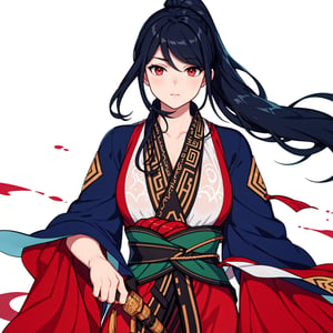 (masterpiece:1.3),(the best quality:1.2),(super fine illustrations:1.2),(Masterpiece),high quality,high detail,(white background:1.2),looking at viewer,(SOLO:1.4),outline,simple background,weapon, blood, red eyes, hair ornament, hakama skirt, blood on clothes, kimono, dress, shiny hair, collarbone, holding sword, bangs, hanfu, blue eyes, floating hair, blue hair, long sleeves, ponytail, chinese clothes, japanese clothes, wide sleeves, very long hair,