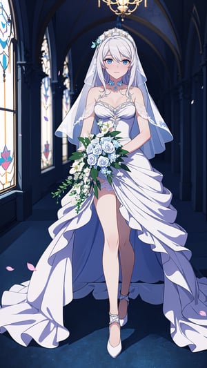 (1 beautiful woman, ornamented long blue hair,expensive detailed white wedding dress design by Clare Waight Keller, white bride veil, long white gloves),(full body) walking to the altar, holding a bouquet, church location, wedding, celebration time, petals falling down,Anime