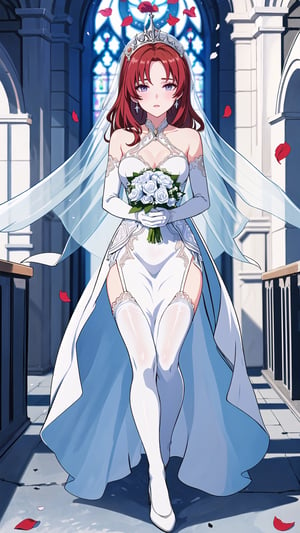 (1 beautiful woman, ornamented long hair,expensive detailed white wedding dress design by Clare Waight Keller, white bride veil, long white gloves),(full body) walking to the altar, holding a bouquet, church location, wedding, celebration time, petals falling down,Anime