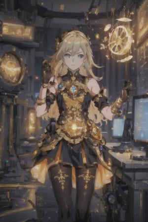 time traveler, cute girl, masterpiece, best quality, movie still, extremely detailed, area lighting in background, HD, 8k, 1girl, warm soft lighting, (sparks:1.1), light particles, volumetric lighting, ((gold dress, levitating, amber eyes, glowing energy)), blonde, longhair, action pose, belts, stockings, (clock), steampunk, (bright highlights, glare, glow amber gems, reflection), gears, binoculars, ,Science Fiction,fu hua