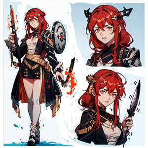 muscular mechanical body,  black leather coat,(( holding chinese blade and Shield)) ,fu hua, ,Rebellious girl,midjourney portrait,swordsman,full_body,hair_between_eyes, a girl, white eyes, ((red hair:1.2)),lixue , 
,lixue