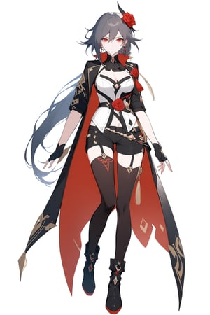 [[fu hua (phoenix)(honkai impact 3rd)]], nai3, 1girl, solo, artstyle,
1girl, solo, long hair, breasts, looking at viewer, bangs, simple background, shirt, black hair, hair ornament, red eyes, thighhighs, gloves, long sleeves, white background, cleavage, hair between eyes, jewelry, standing, jacket, full body, white shirt, ponytail, flower, earrings, boots, shorts, black gloves, black thighhighs, hair flower, fingerless gloves, black footwear, black jacket, ascot, rose, garter straps, black shorts, red flower, red rose