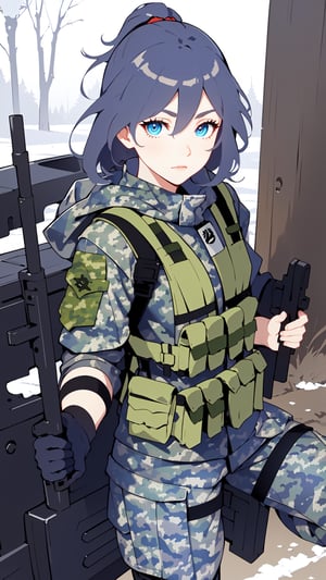  soldier girl, (((wearing winter camo military fatigues, camo plate carrier rig,))) combat gloves, (magazin pouches), (kneepads), highly-detailed, perfect face, blue eyes, small waist, tall, make up, tacticool,,fu hua, fu hua