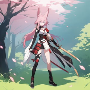 [[fu hua (phoenix)(honkai impact 3rd)]], nai3, 1girl, solo, artstyle,
1girl, solo, looking at viewer, bangs, hair ornament, gloves, holding, animal ears, hair between eyes, closed mouth, standing, purple eyes, full body, weapon, pink hair, boots, outdoors, japanese clothes, sword, fingerless gloves, black footwear, holding weapon, armor, fox ears, holding sword, katana, grass, gauntlets, sheath, japanese armor, gameplay mechanics, asymmetrical gloves, single gauntlet, yae sakura