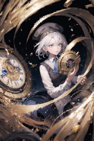 (best quality, masterpiece:1.2), thick outlines, strong shadows, , wise, graying hair, short hair, portrait, solo, upper body, looking down, detailed background, detailed face,  GemstoneAI, gemstone theme:1.1) (master of time and space:1.1), eternity, weightless, infinite landscape, swirling patterns, (style-swirlmagic:0.8), clockwork, clock gears, energy, standing still, clock-face in backgr( full body),hat