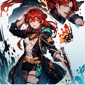 muscular mechanical body,  black leather coat ,fu hua, ,Rebellious girl,midjourney portrait,swordsman,full_body,hair_between_eyes, a girl, white eyes, ((red hair:1.2)),lixue , 
,lixue