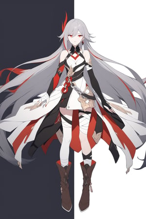 [[fu hua (phoenix)(honkai impact 3rd)]], nai3, 1girl, solo, artstyle,
1girl, solo, long hair, looking at viewer, open mouth, bangs, simple background, black hair, red eyes, gloves, long sleeves, white background, hair between eyes, very long hair, standing, full body, white hair, grey hair, multicolored hair, earrings, boots, parted lips, streaked hair, chain, bandages, brown footwear, bridal gauntlets, bandaged arm