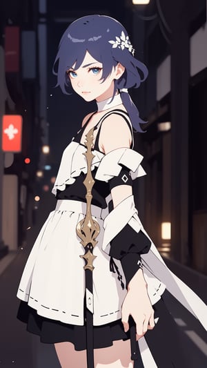 (Masterpiece,Best Quality), A realistic anime girl in a maid dress with coal-colored hair, striking a battle pose with a spear, inviting viewers to look closely at the high-resolution illustration, Fantasy, magical vibes, sci-fi mood, sparks, DoF, bokeh, sharp focus