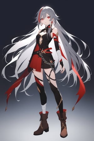 [[fu hua (phoenix)(honkai impact 3rd)]], nai3, 1girl, solo, artstyle,
1girl, solo, long hair, looking at viewer, open mouth, bangs, simple background, black hair, red eyes, gloves, long sleeves, white background, hair between eyes, very long hair, standing, full body, white hair, grey hair, multicolored hair, earrings, boots, parted lips, streaked hair, chain, bandages, brown footwear, bridal gauntlets, bandaged arm